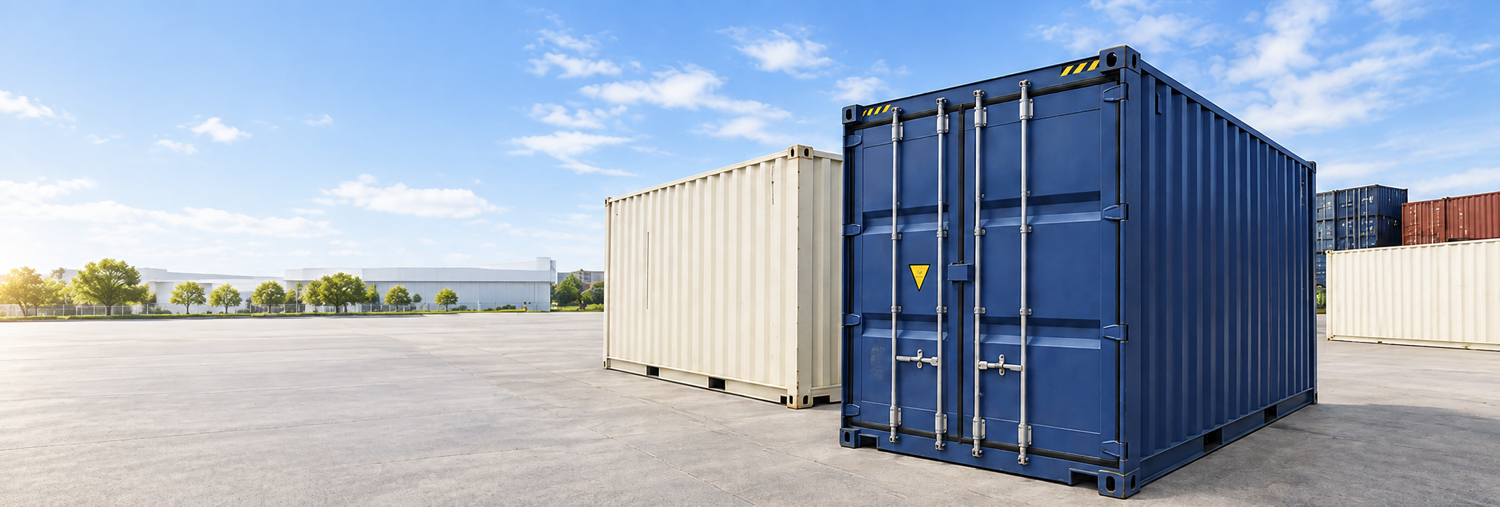 Blue shipping container in a sunlit yard
